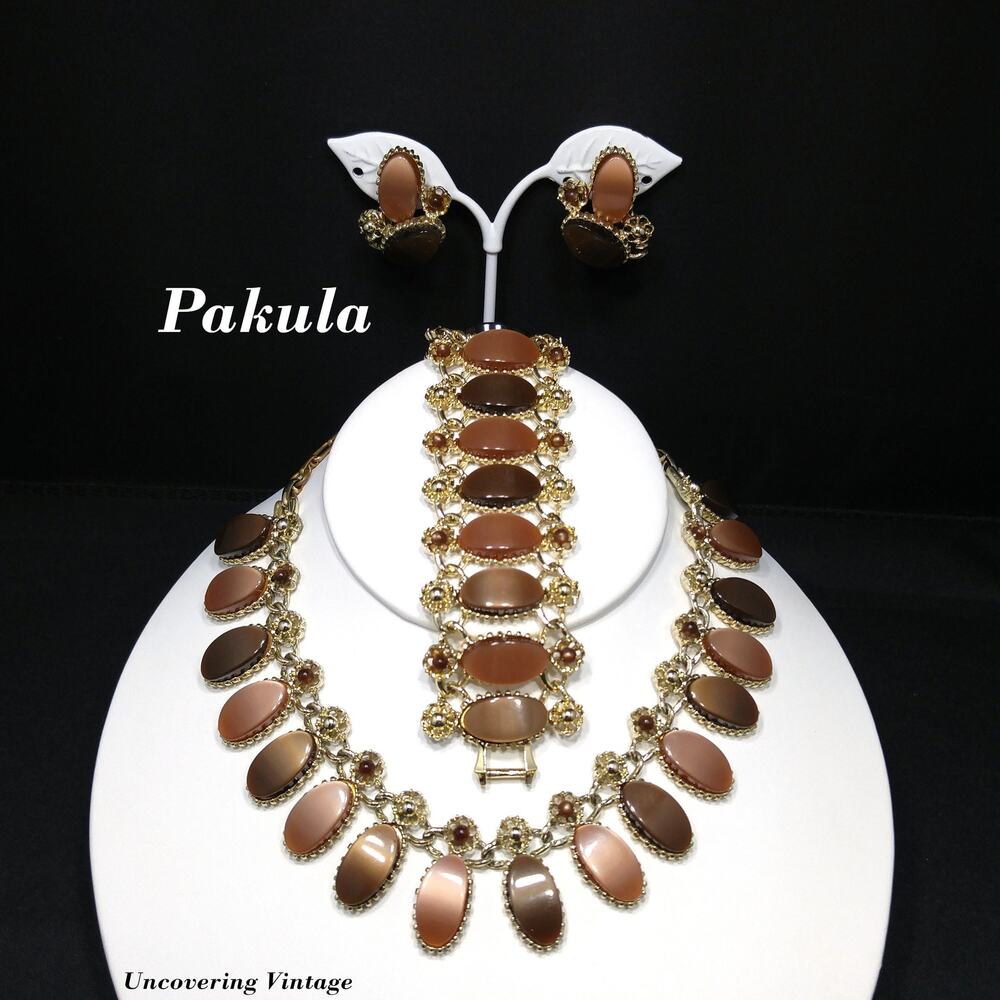 Vintage Pakula Moonglow Lucite Necklace Bracelet Earrings Set 1950s